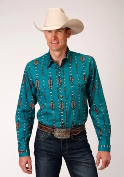 Men's Roper Teal Aztec Stripe L/S Shirt