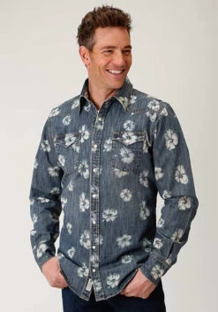 Stetson Floral Screen Print L/S Denim Shirt