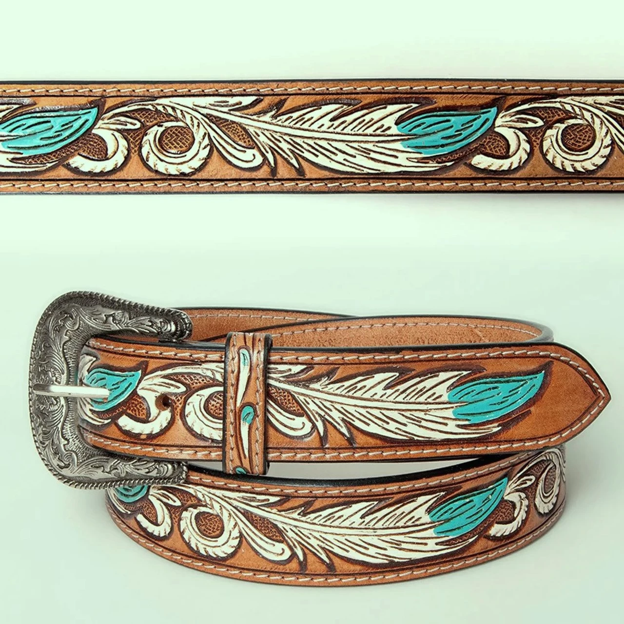 American Darling Hand Tooled Turquoise Floral Leather Belt