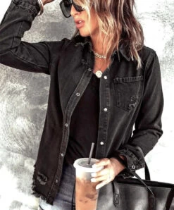 Distressed Black Denim Long Sleeve Shirt
