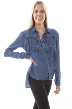 Honey Creek Denim Button Down Fringe Blouse