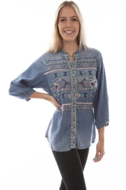 Honey Creek Denim Aztec Embroidered Tencil Blouse