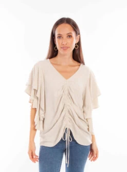 Honey Creek Cinch Front Blouse With Cascading Sleeves