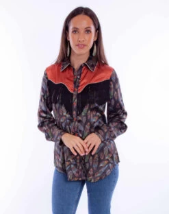 Honey Creek Feather Print Fringed Western Shirt