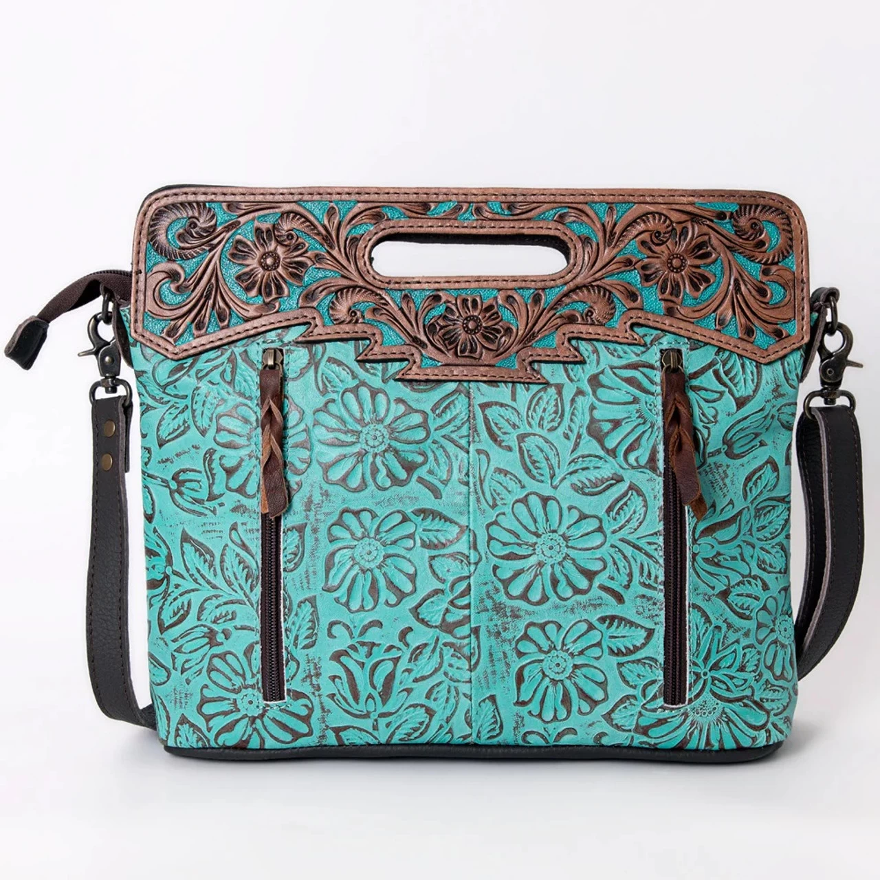 Olay Ladies Turquoise Cluth With Saddle Leather Trim - Image 3