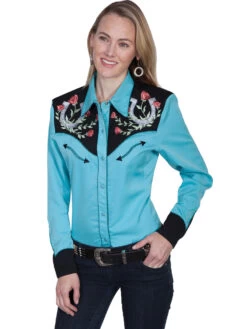 Scully Turqouise Horseshoe And Rose Emboidered Blouse