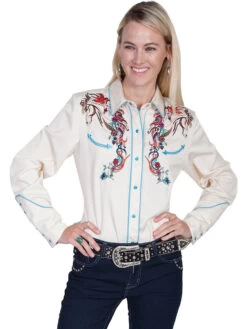 Scully Colorful Cream Hosre Embroidered Western Blouse