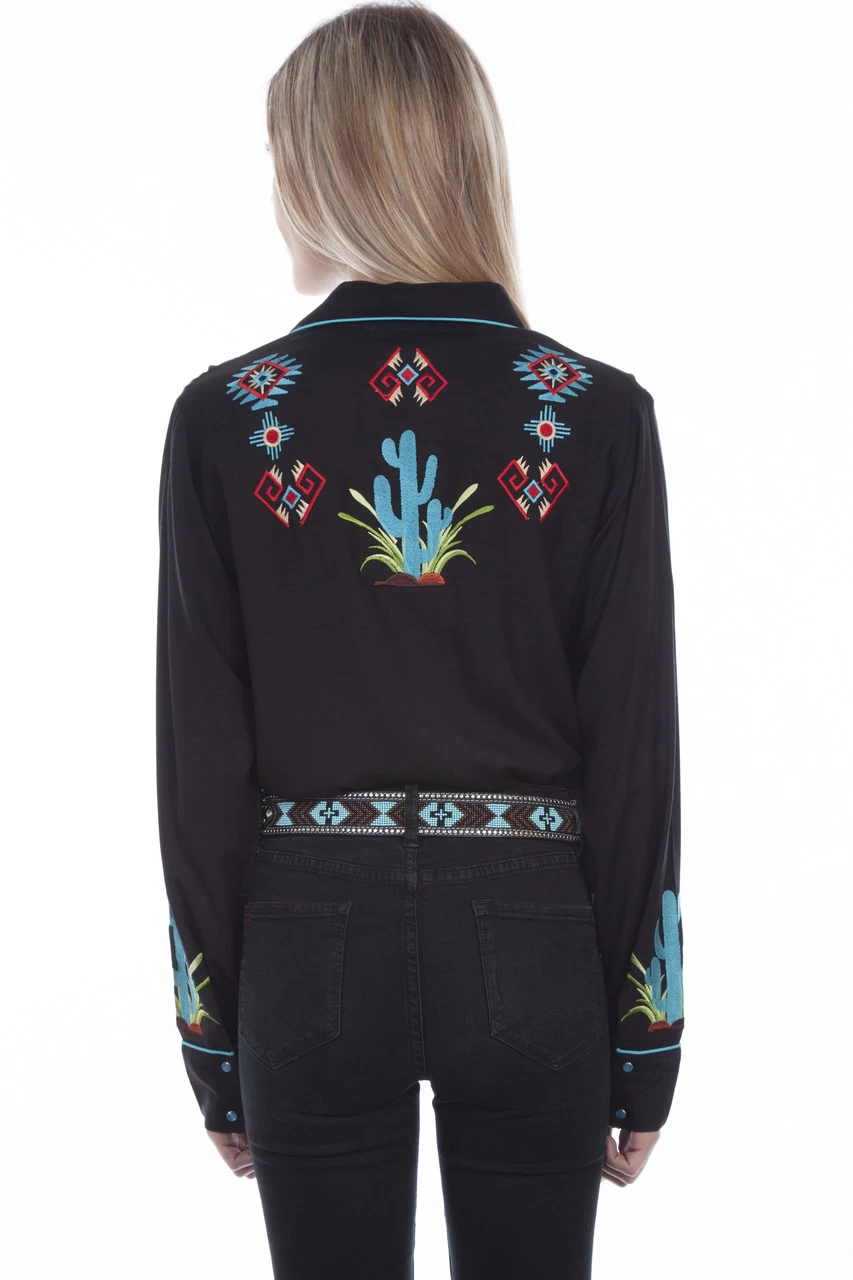 Scully Black Cactus Embroidered Ladies Western Blouse - Image 2